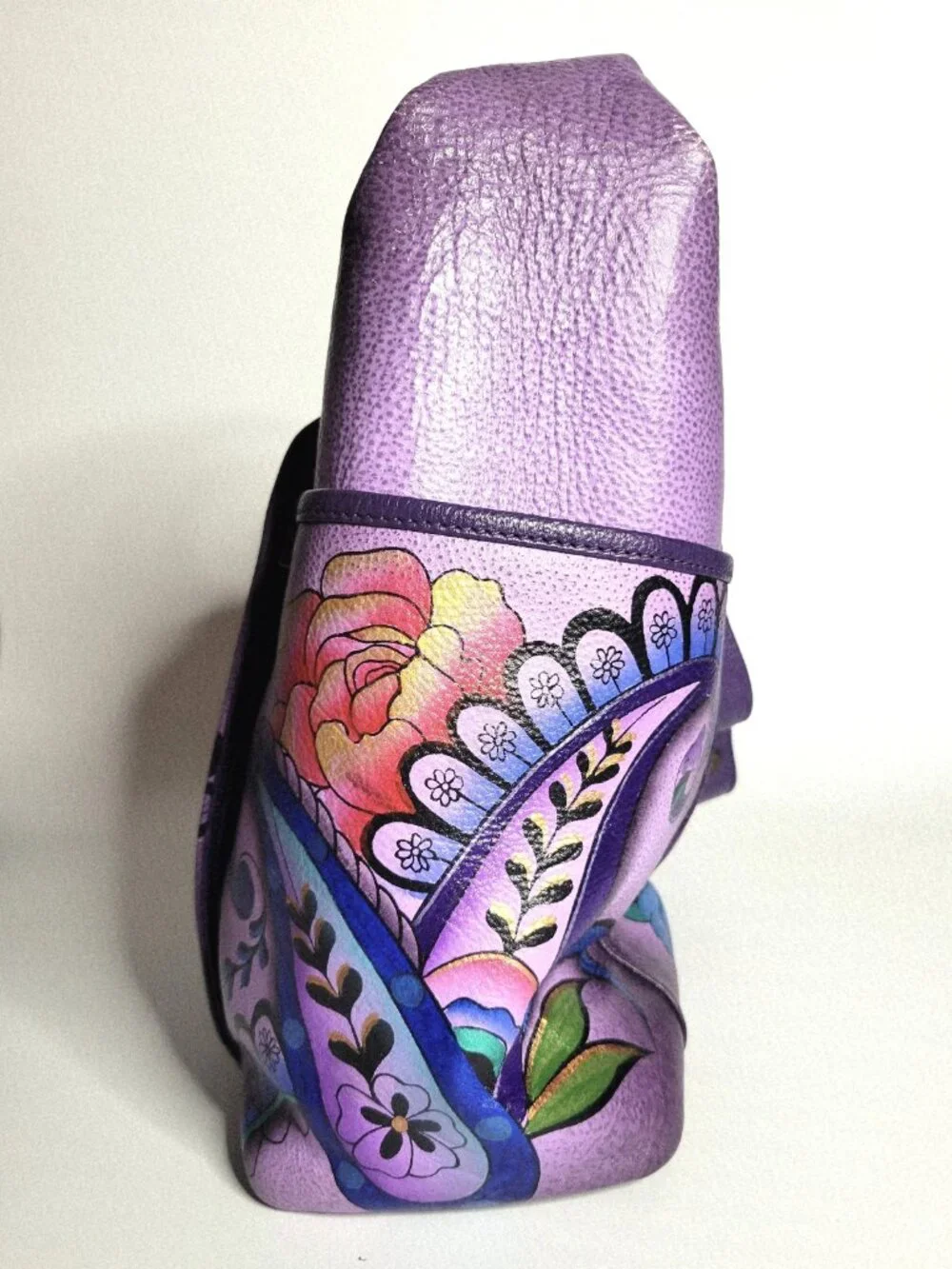 ANUSCHKA Painted Genuine Leather Purple Peonies Paisley Hobo Shoulder Bag EUC